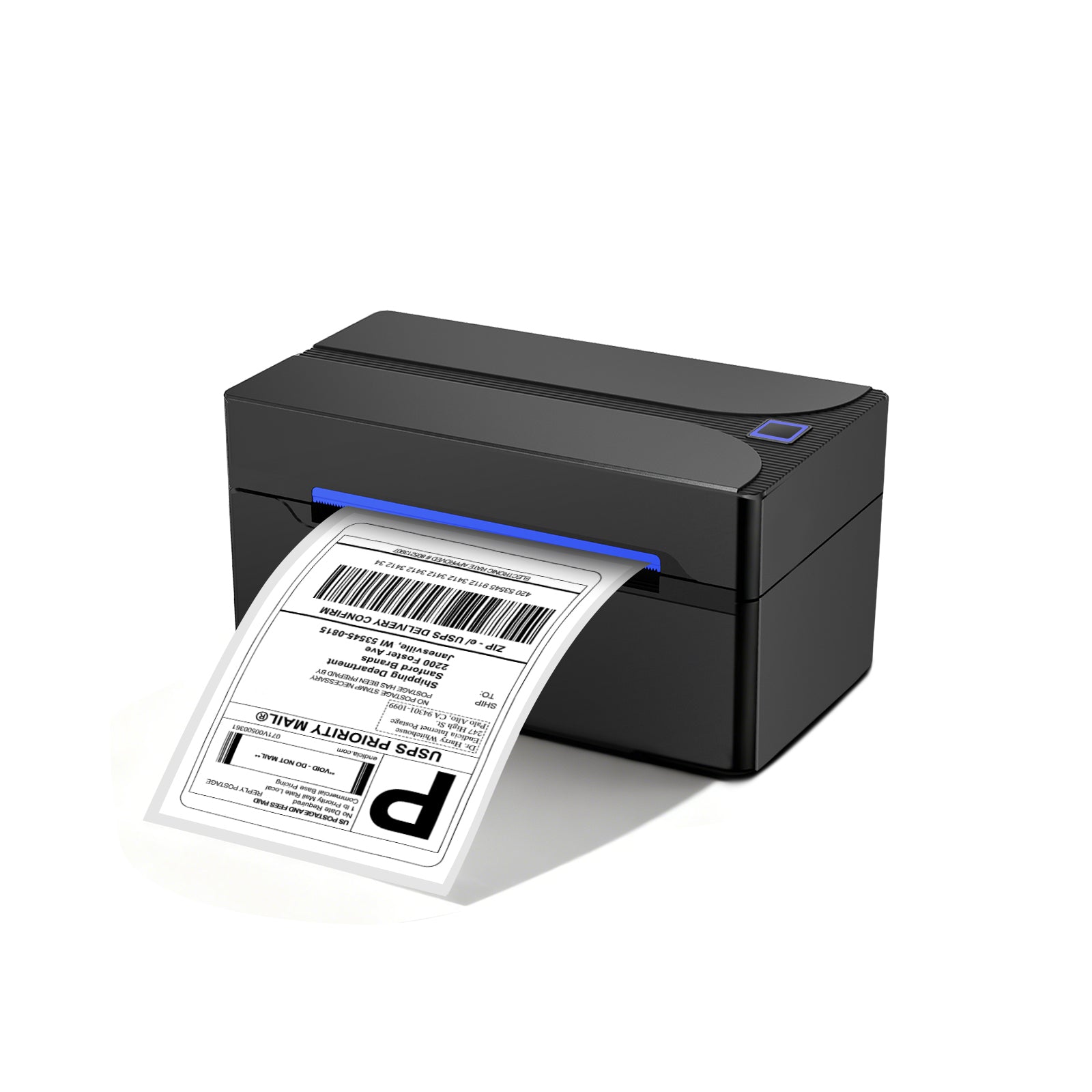 Black label printer with a printed label on a white background