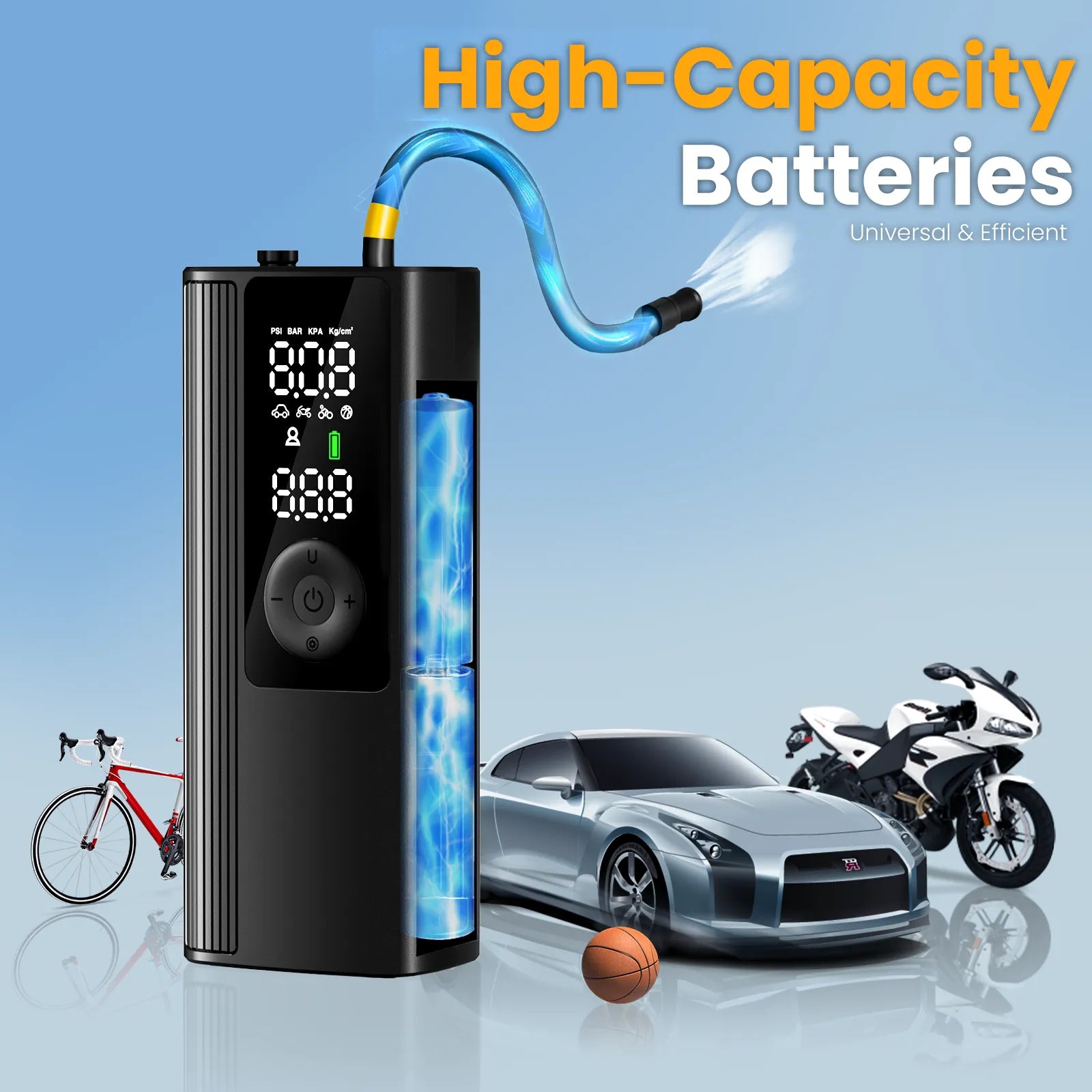 NDYIN cordless tire inflator with high-capacity battery, suitable for car, bike, and sports equipment