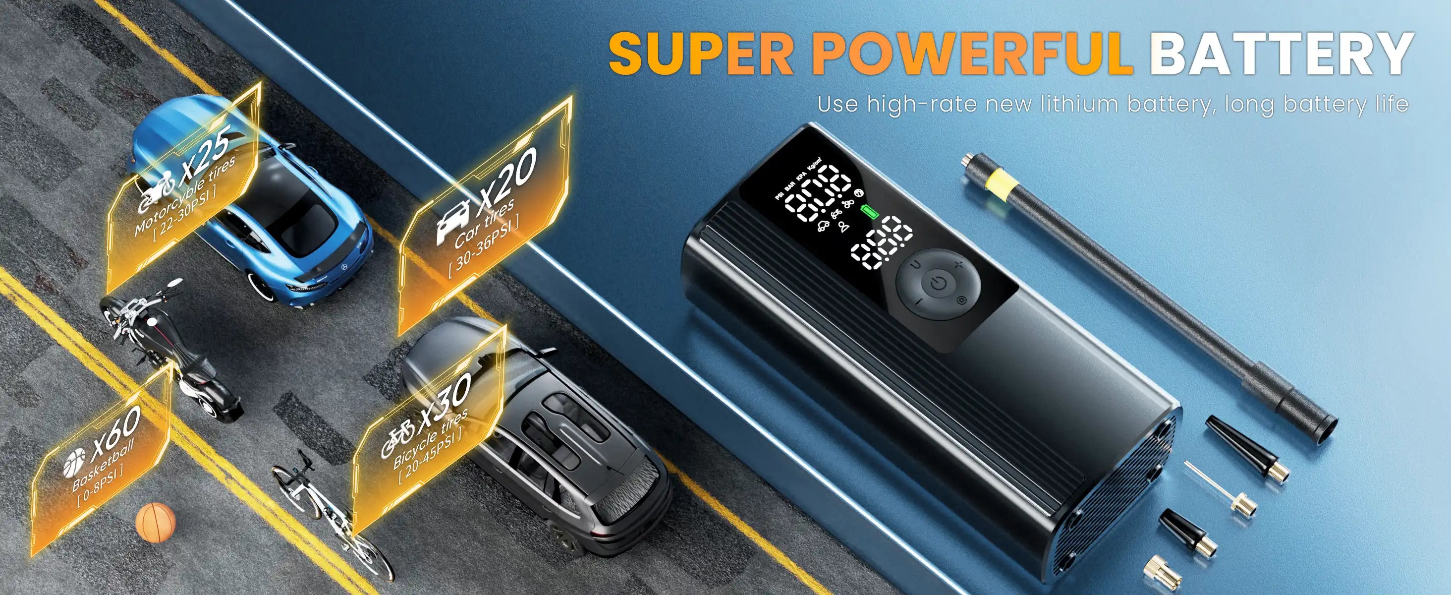 Super powerful battery of NDYIN portable tire inflator, featuring high - pressure rechargeable battery