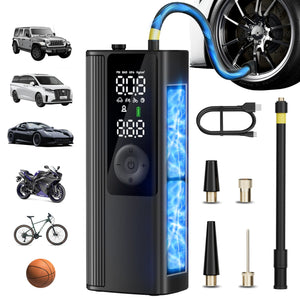 NDYIN cordless digital tire inflator with LED display and multiple nozzles for car, motorcycle, bike, and sports equipment