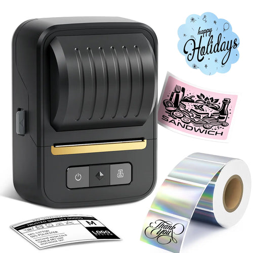 A black portable thermal label maker. It's capable of printing a wide variety of stickers and labels, making it ideal for numerous label - printing applications.
