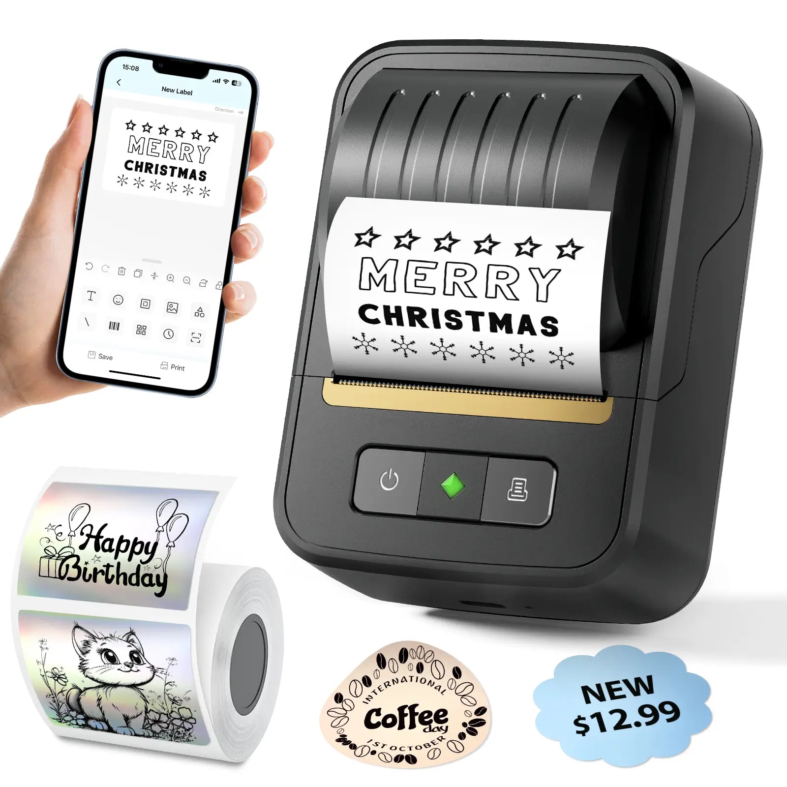 Black portable thermal label maker, app - connected to smartphone, printing a festive - themed label. Great for festive & daily labeling.