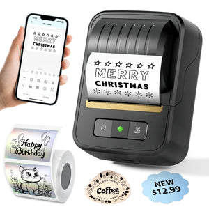 Black portable thermal label maker, app - connected to smartphone, printing a festive - themed label. Great for festive & daily labeling.