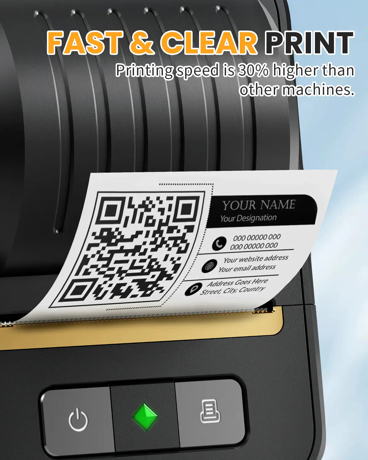 The ndyin Bluetooth portable label maker is printing a personal information sticker with a QR code