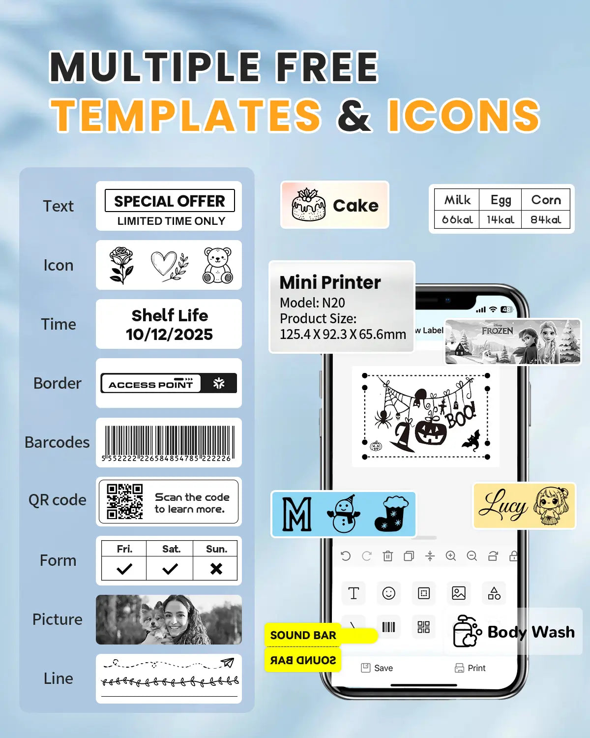 N20 label printer can print various labels such as text and icons