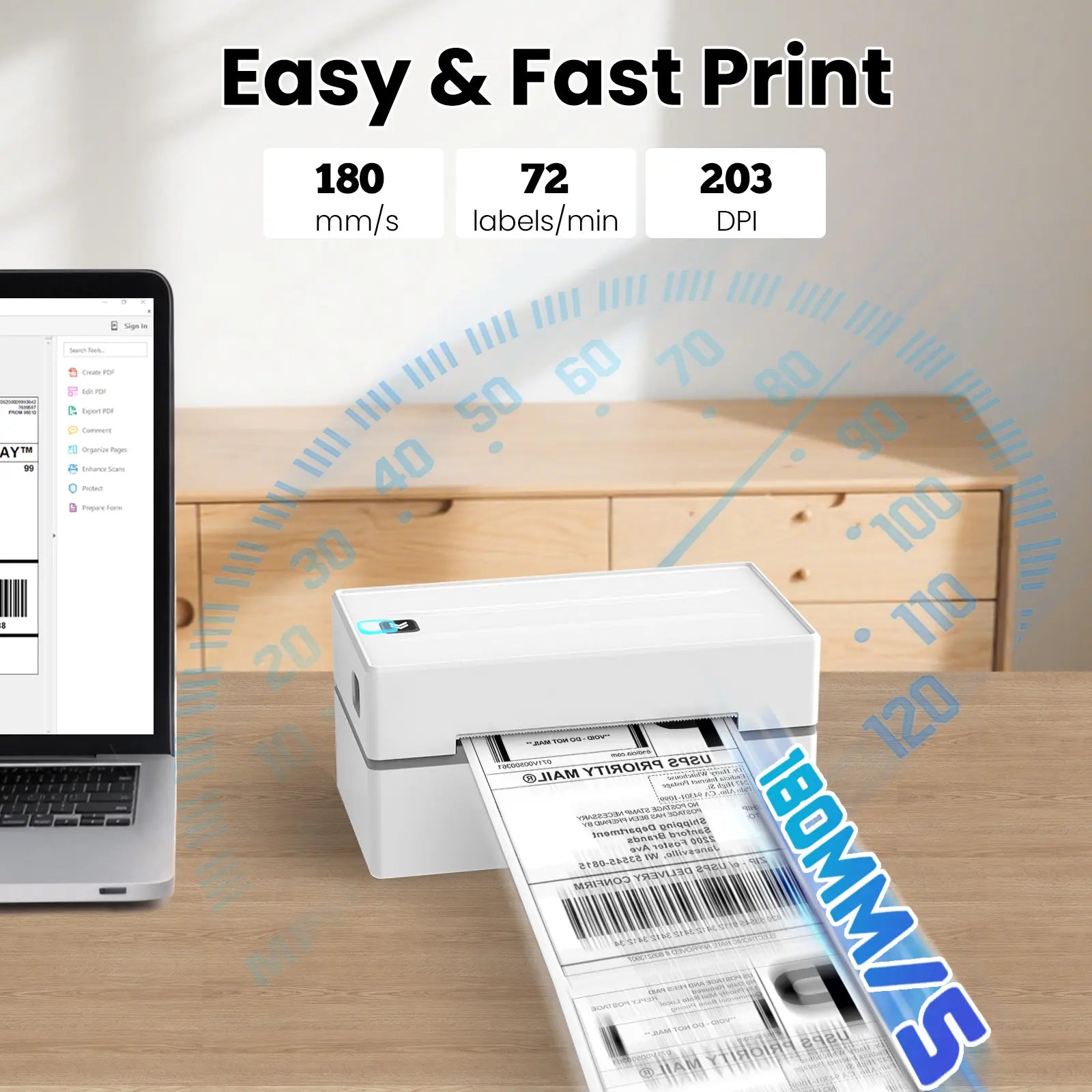 The Y812 transport label printer features 203dpi HD print quality and a fast 180mm/s speed, printing up to 72 labels per minute—efficient and sharp every time.