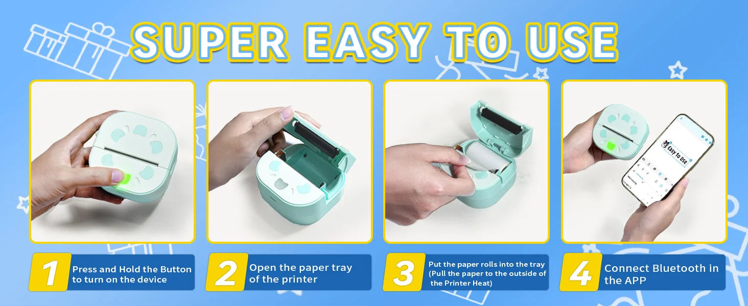 Ndyin D21 portable sticker printer - 4-step operation: press to open, insert paper, connect device, and start printing.