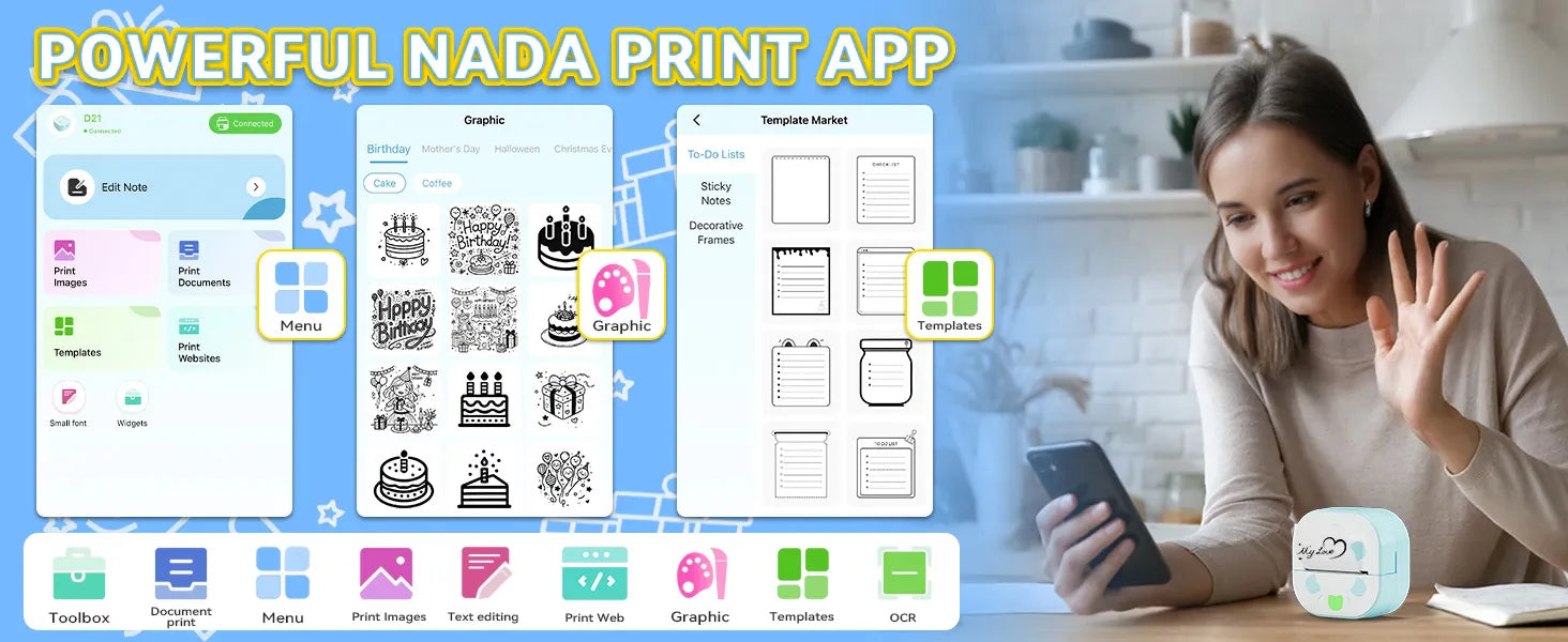 Nada Print app provides a powerful interface with hundreds of free templates for stickers, labels, and note designs.