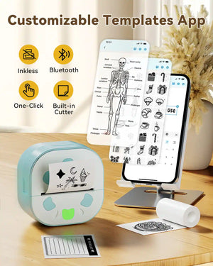 dyin D21 portable sticker printer with customizable templates and multiple fonts in app.
