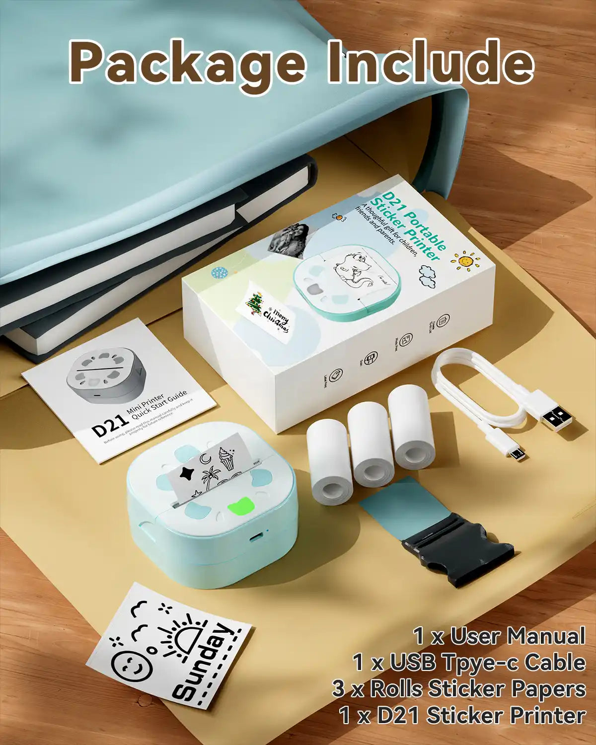 Package includes Ndyin D21 printer, charging cable, user guide, and sample printing paper