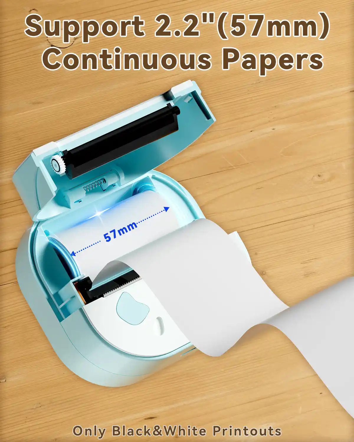 Supports 2.2" (57mm) wide thermal paper rolls for continuous label and receipt printing.