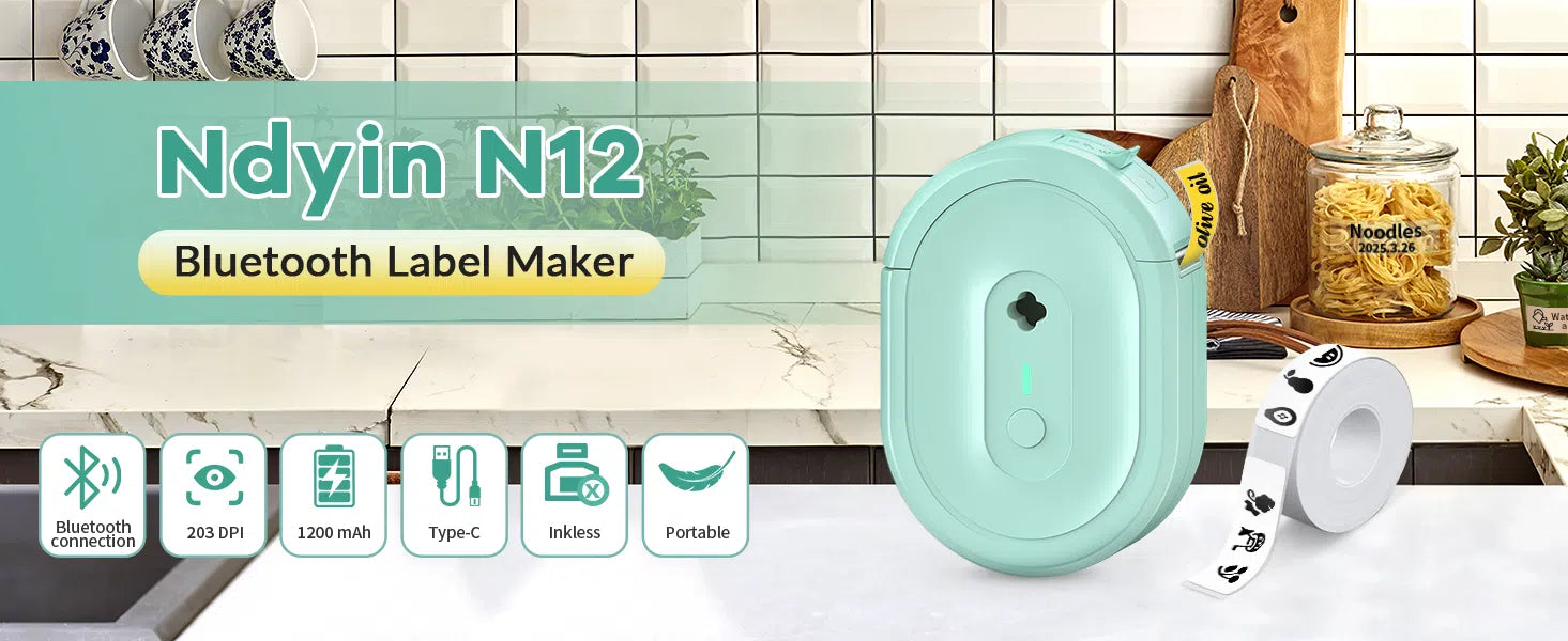 Ndyin N12 Bluetooth Label Maker in Cyan, compact and portable, with wireless connection and multiple labeling functions