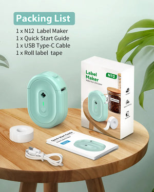 Ndyin N12 label maker packaging includes label printer, USB-C cable, guide, and label roll