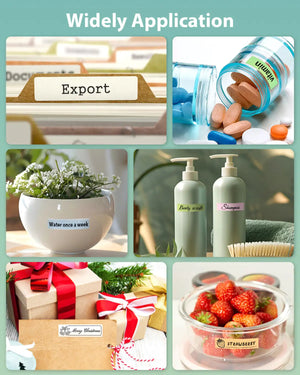 Ndyin N12 label printer used in organizing pet items, kitchen storage, and gift wrapping