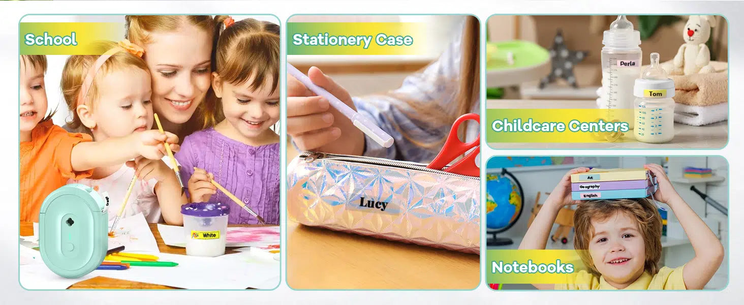 Ndyin N12 label maker used by children and families, showcasing educational and fun labeling applications