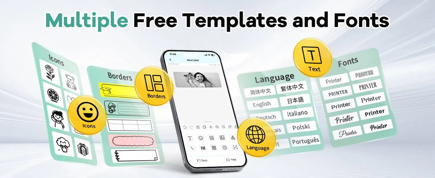 Ndyin N12 Label Maker app interface showing multiple free templates and fonts, customizable label options via smartphone