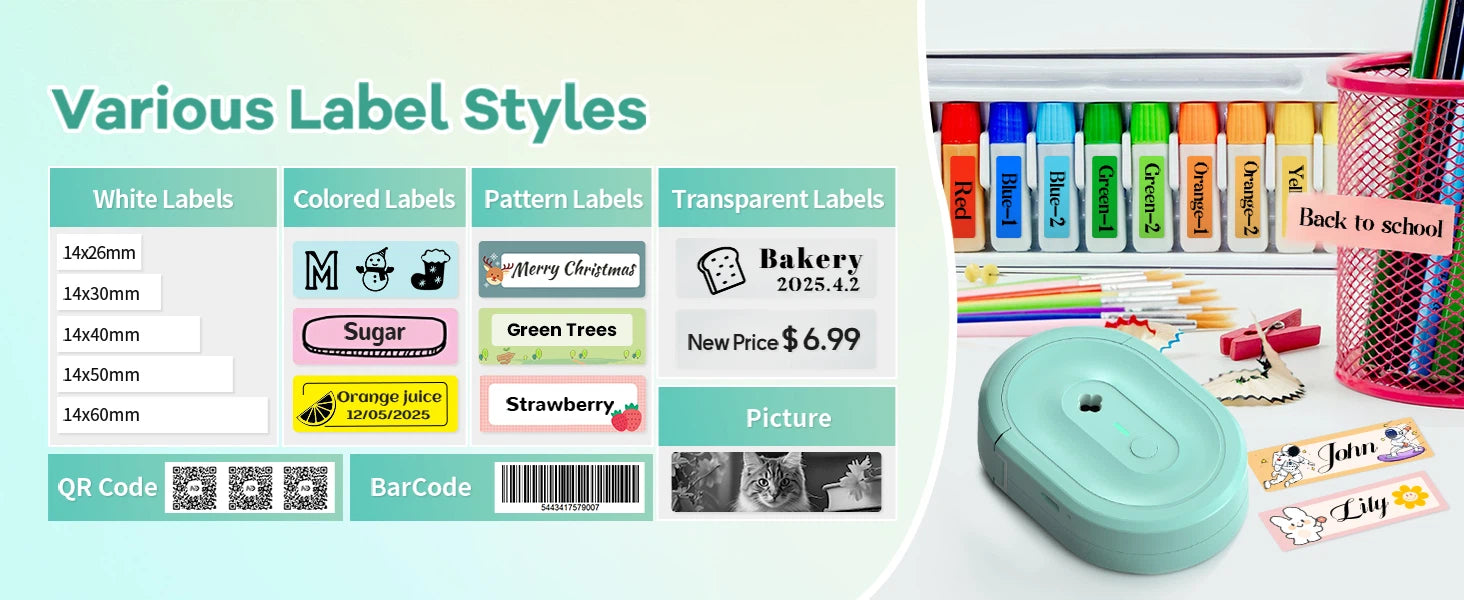 Ndyin N12 Bluetooth label printer offers a variety of label styles including name labels, cable labels, price tags and more