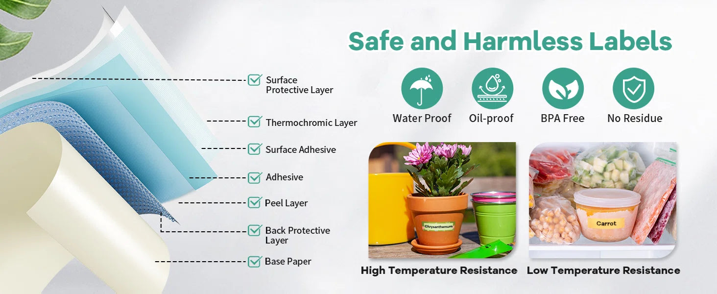 Safe and harmless label materials used in Ndyin N12, ideal for baby bottles, food containers, and home storage