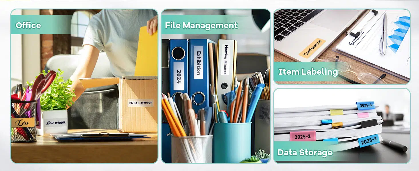 Office use cases of Ndyin N12 Bluetooth label maker, including file classification, pen holders, and workspace organization