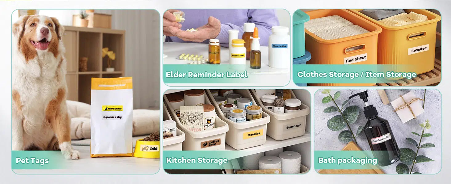 Ndyin N12 label printer is perfect for organizing pet supplies, kitchen storage containers, and everyday household items
