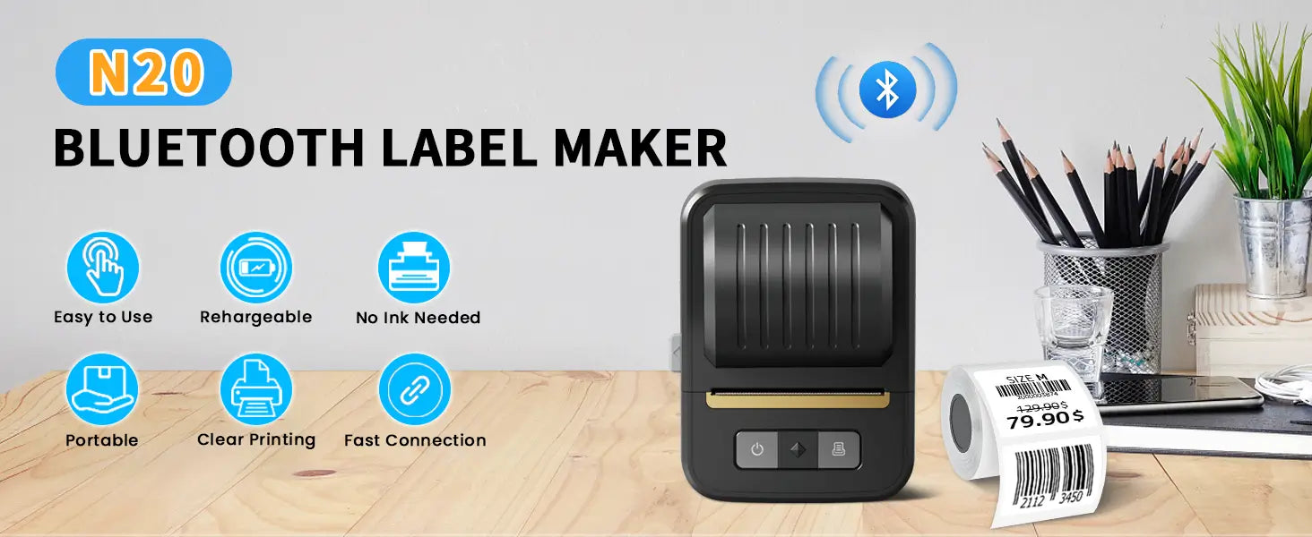 NDYIN N20 bluetooth label maker for small businesses, supports  various labels, easy to use, fast printing, ink-free.