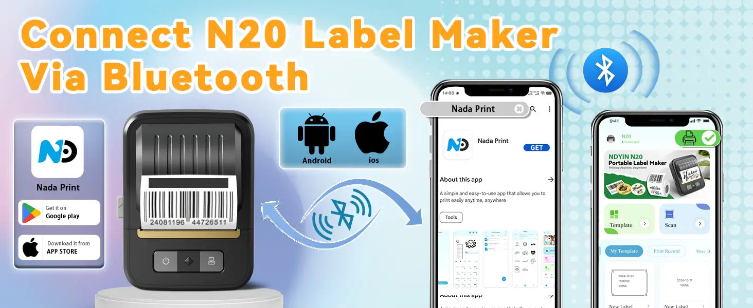 Search ‘NADYIN Print’ app, connect to Bluetooth, and start printing.