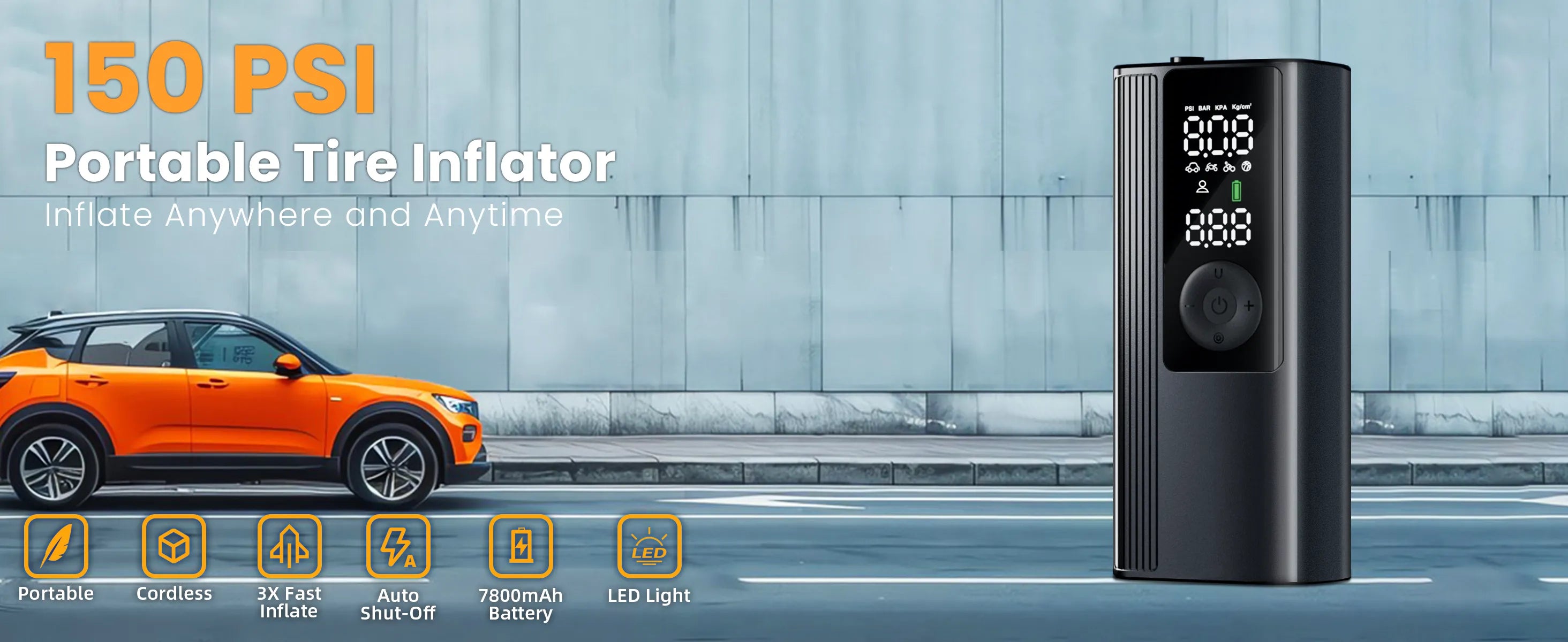 NDYIN 150 PSI Portable Tire Inflator, Cordless Air Pump with 7800mAh Battery, Digital Display, LED Light, Auto Shut-Of– Inflate Anywhere Anytime