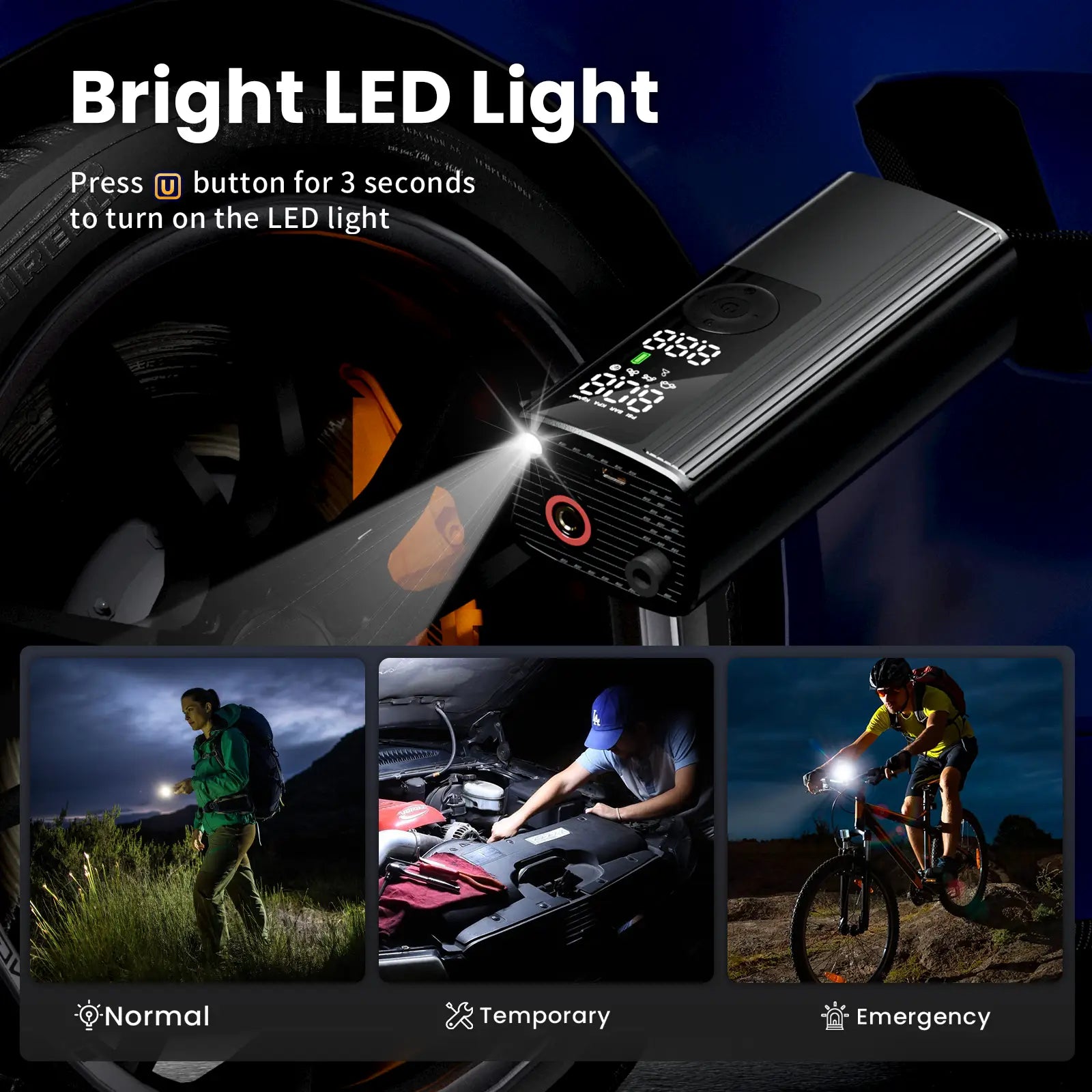 NDYIN cordless tire inflator with bright LED light for nighttime use