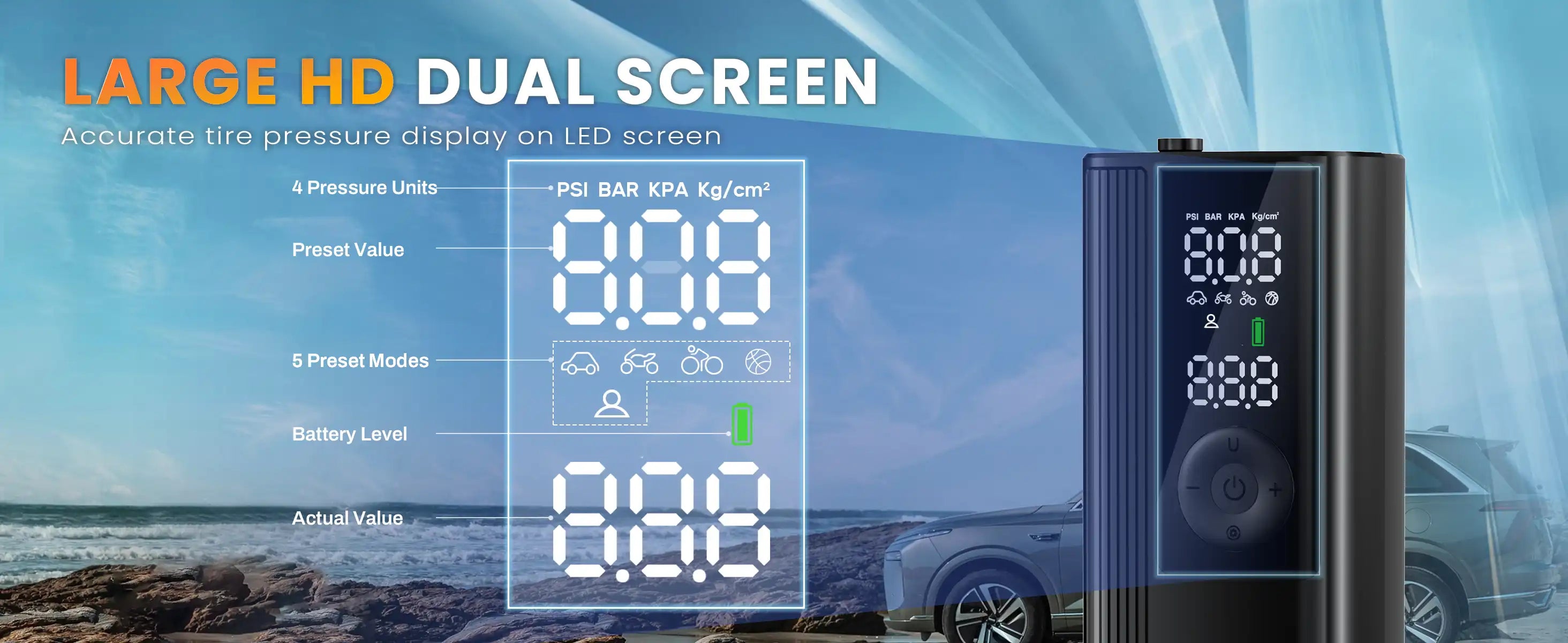 NDYIN tire inflator has accurate dual value display and 5 modes to choose from