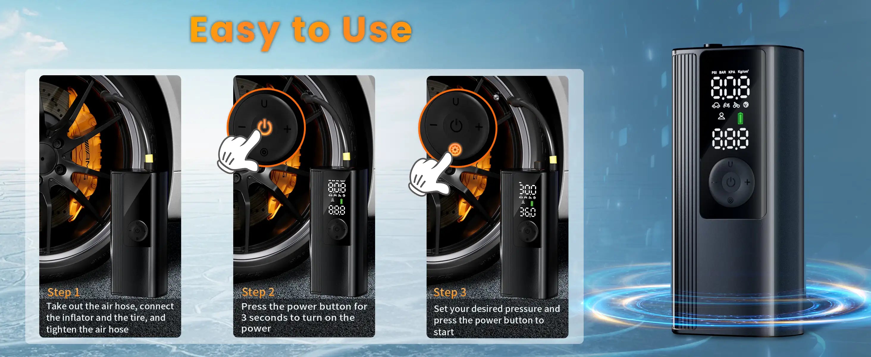 Step-by-step guide showing how to use the NDYIN tire inflator