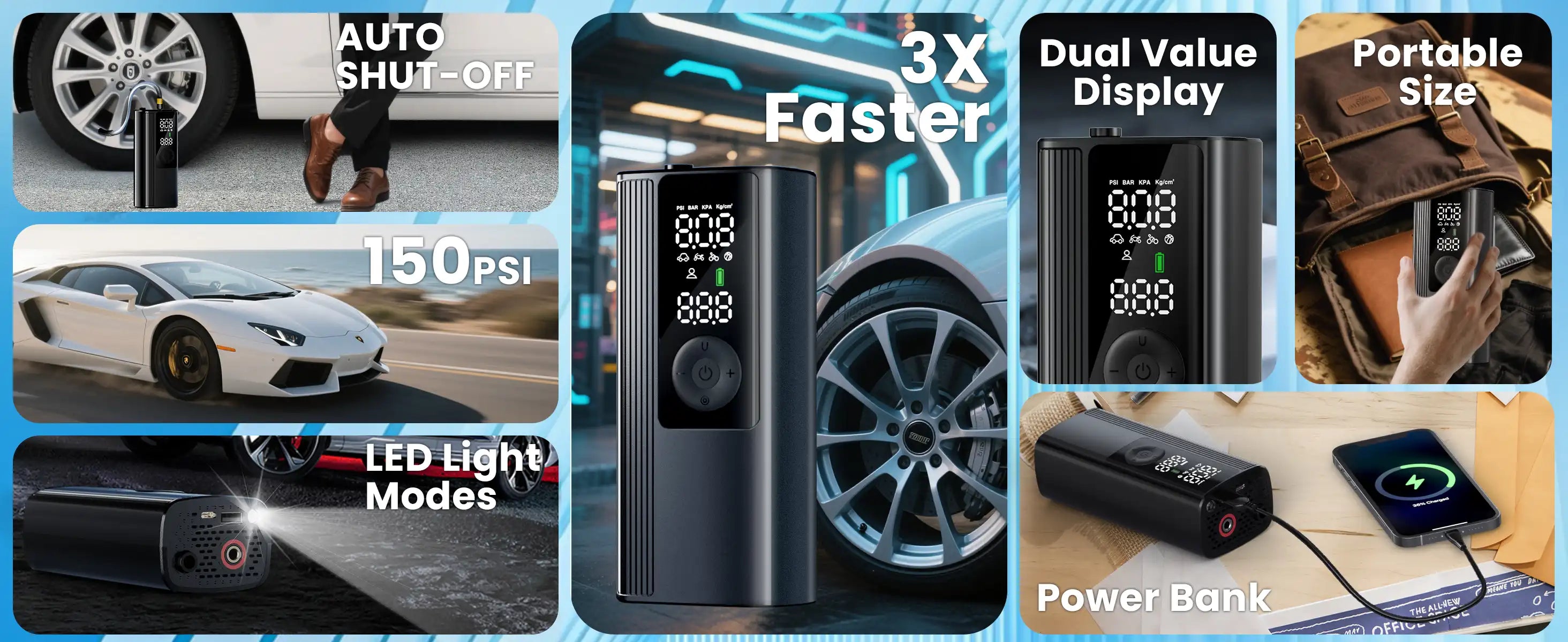 Ndyin Portable Tire Inflator with LED Light, Power Bank Function, 3X Faster Inflation, Digital Display, Cordless Design
