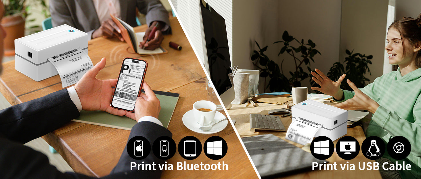 NADYIN printer prints via Bluetooth or USB cable connection