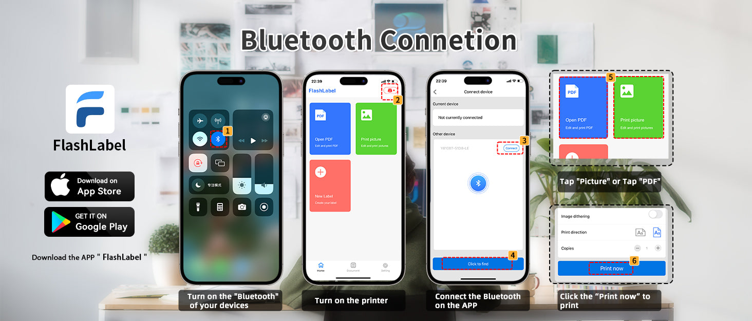 NADYIN Y812 printer Bluetooth connection steps shown on phone interfaces
