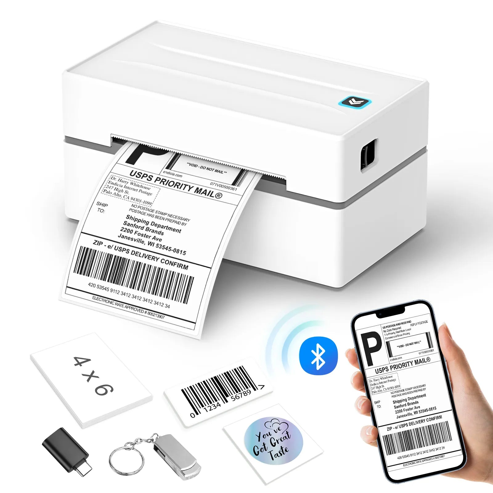 NDYIN Y812 thermal shipping label printer supports Bluetooth printing and can print 4x6 logistics labels for UPS, USPS, and more.