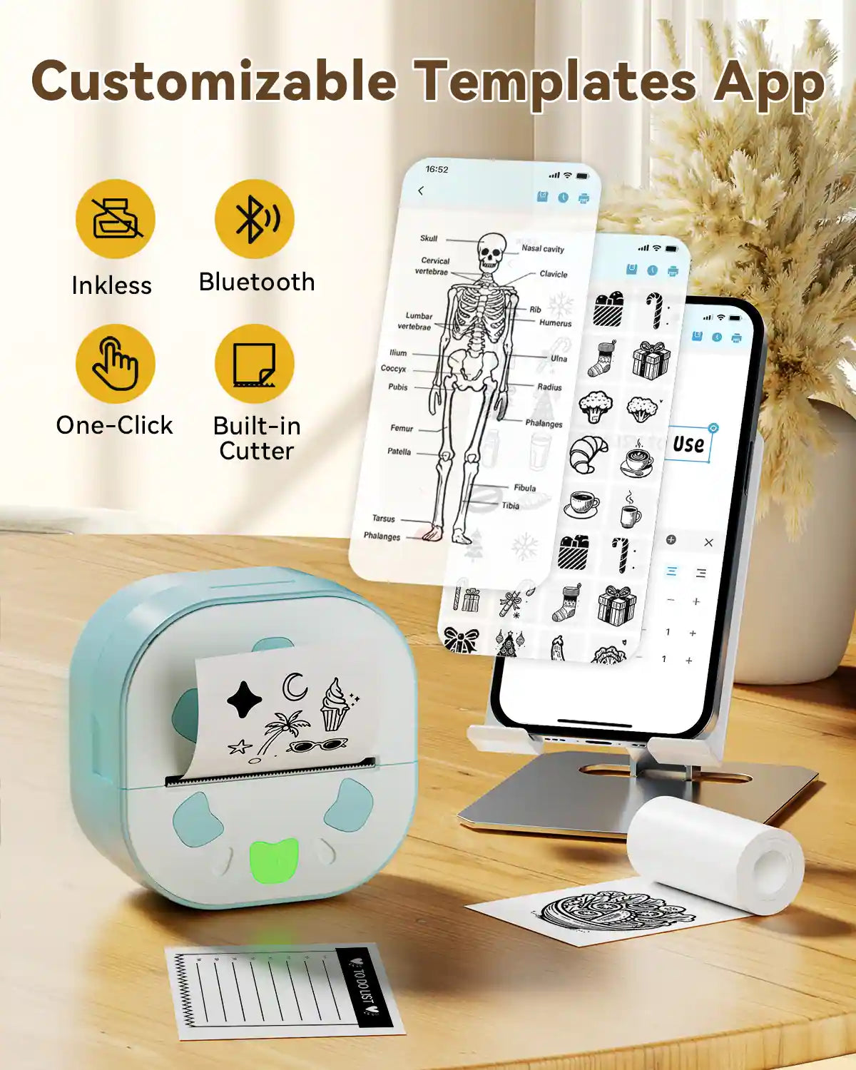dyin D21 portable sticker printer with customizable templates and multiple fonts in app.